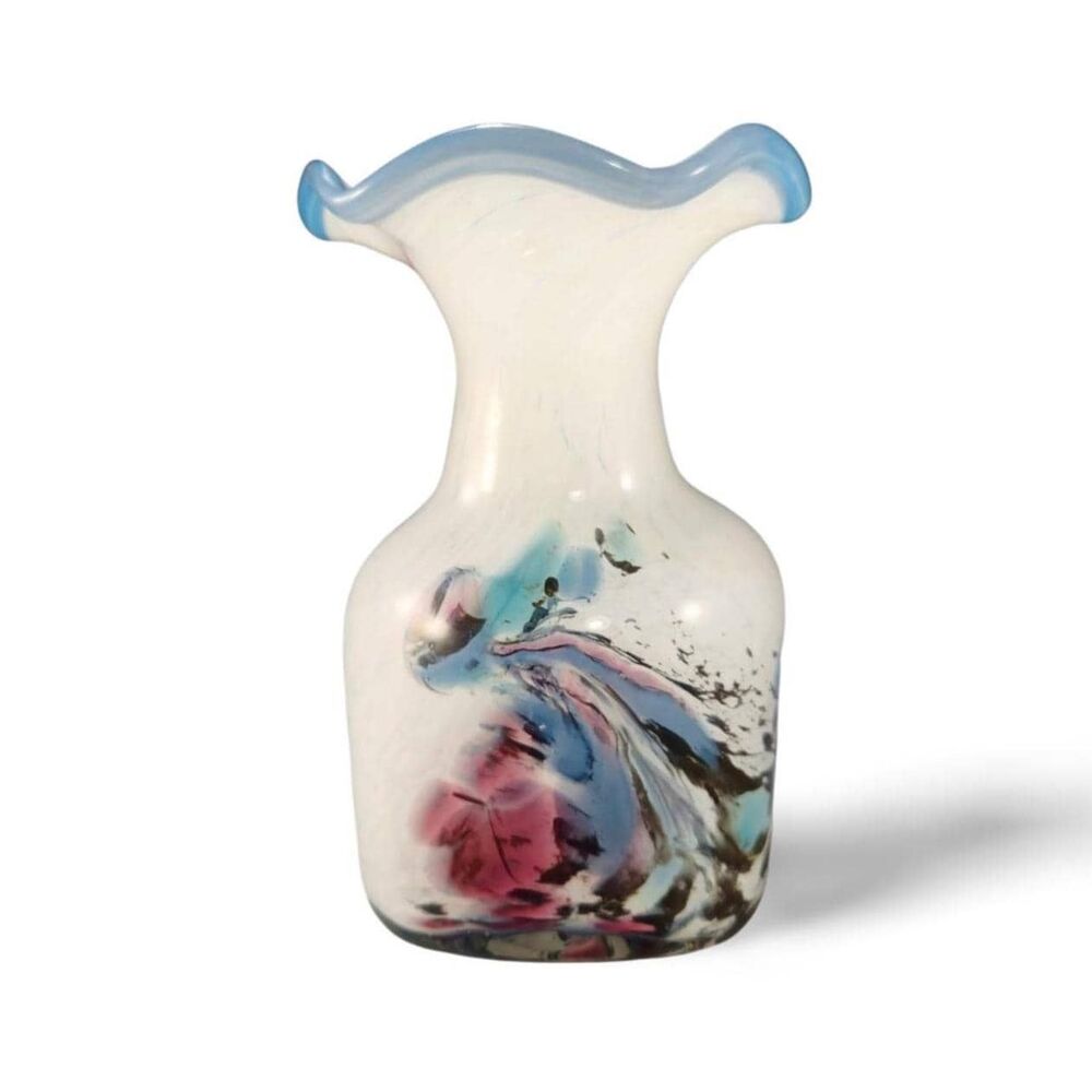 Signed Vintage Art Glass Vase Cased White Swirl Blue Crest Pink Amethyst & Blues
